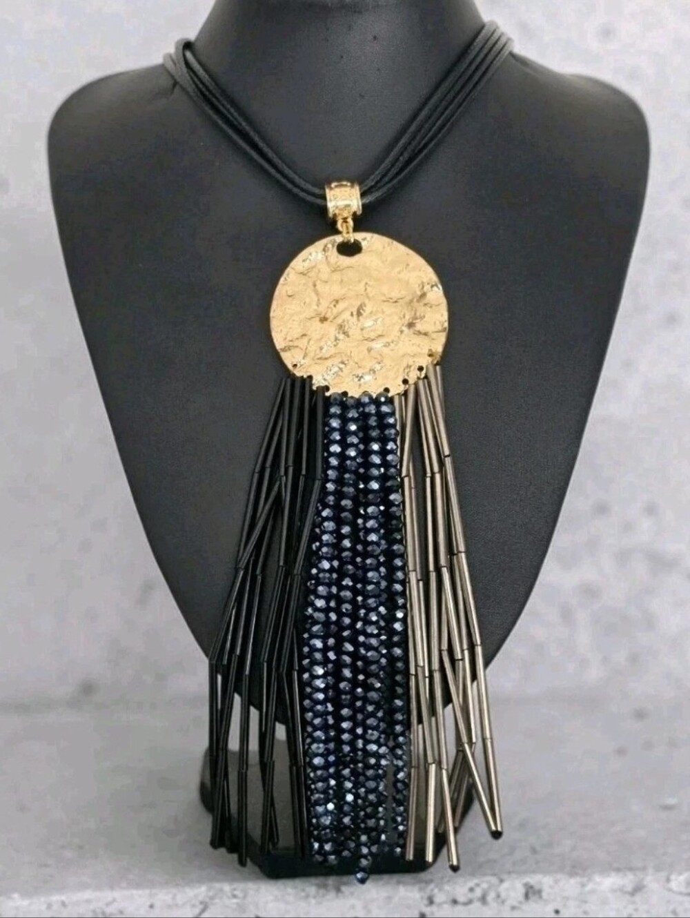 Alisha D Statement Necklace Long Black Beaded Tassel Hammered Disc Pendant 22”
